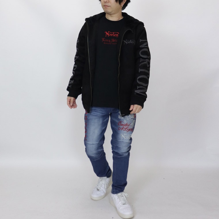 【NORTON】撥水裏ボアモイストスウェードラメ刺繍ZIPパーカー