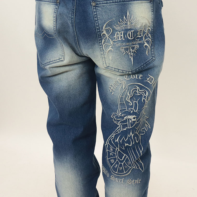 【MCD】バックトライバル刺繍ストレッチデニムパンツ