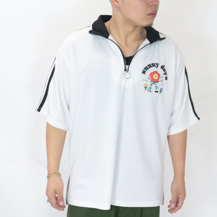 発砲花柄PTスタンドハーフZIP半袖Tシャツ