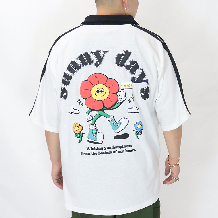 発砲花柄PTスタンドハーフZIP半袖Tシャツ