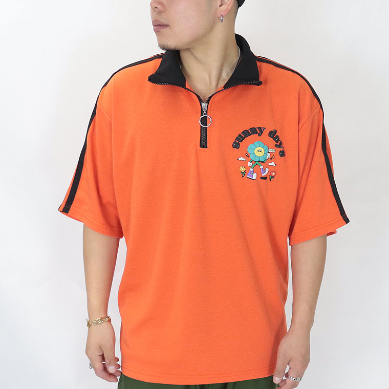 発砲花柄PTスタンドハーフZIP半袖Tシャツ