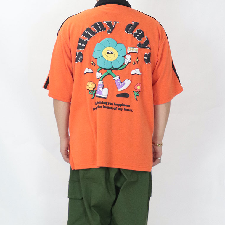 発砲花柄PTスタンドハーフZIP半袖Tシャツ