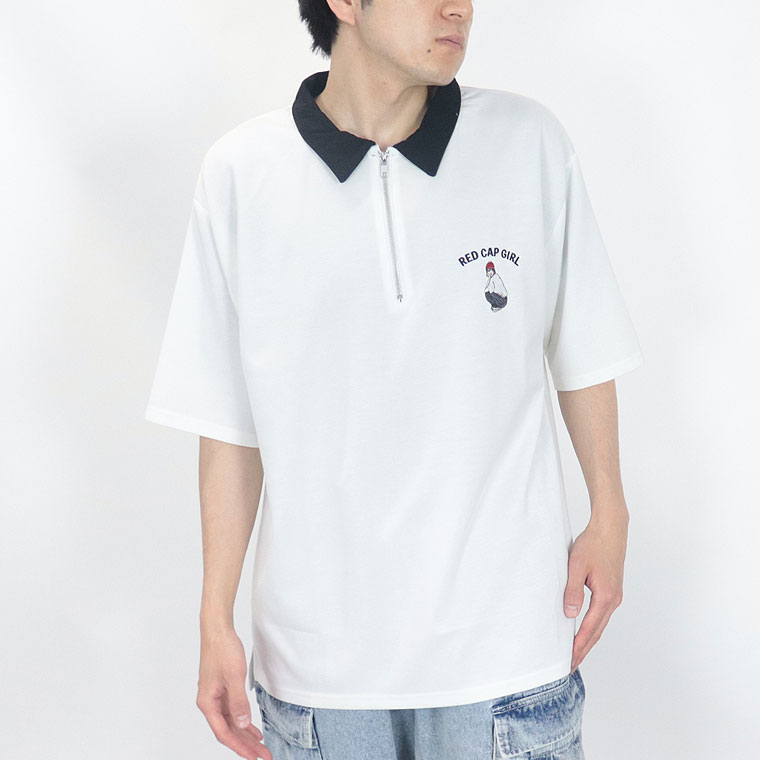 【RED CAP GIRL】襟付きワンポイント刺繍とろみポンチハーフZIP