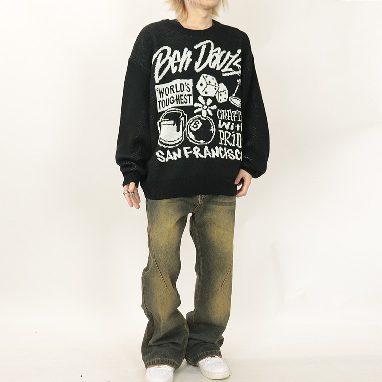 冬物売り尽くし40%OFF【BEN DAVIS(ベンデイビス)】タギングロゴ/長袖クルーネックニット セーター (ペアルック・アメカジ系)