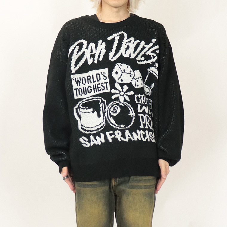 冬物売り尽くし40%OFF【BEN DAVIS(ベンデイビス)】タギングロゴ/長袖クルーネックニット セーター (ペアルック・アメカジ系)