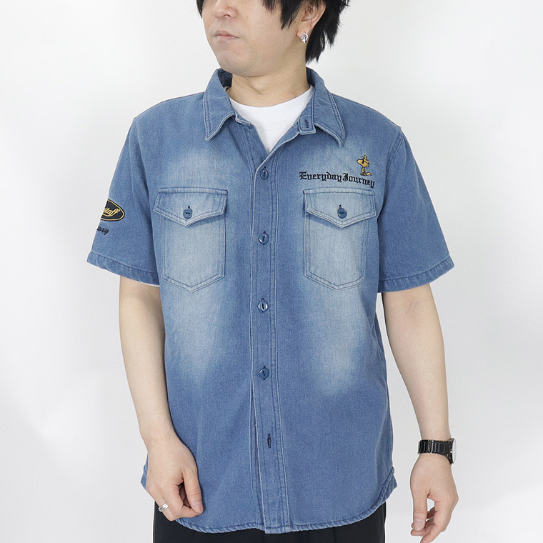 【SNOOPYコラボ】モーター刺繍半袖デニムシャツ