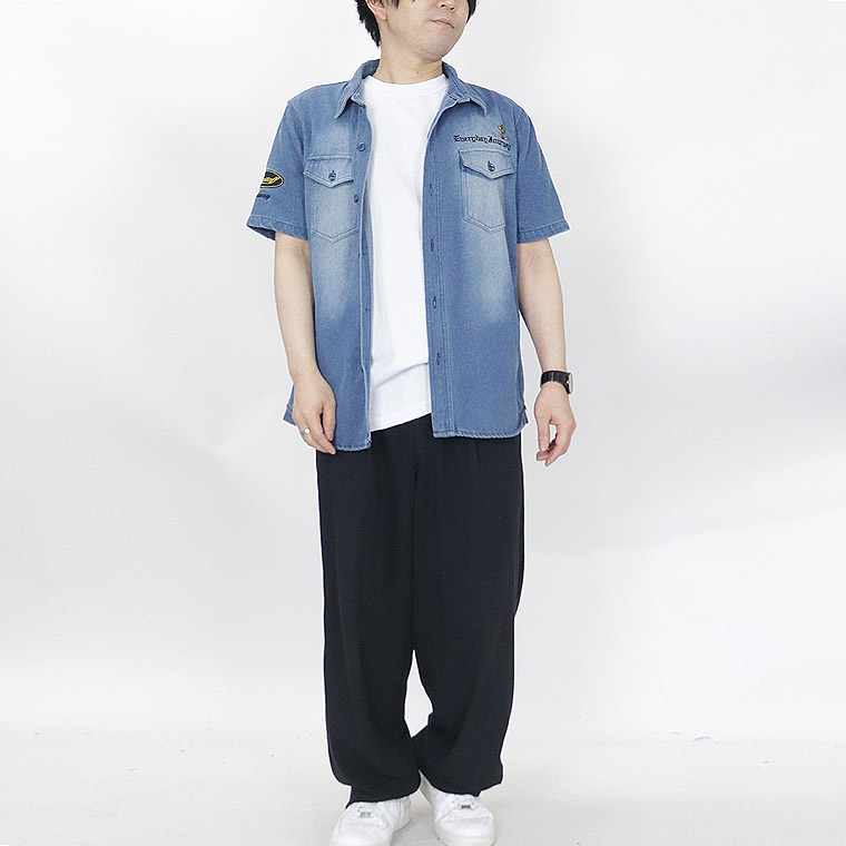 【SNOOPYコラボ】モーター刺繍半袖デニムシャツ