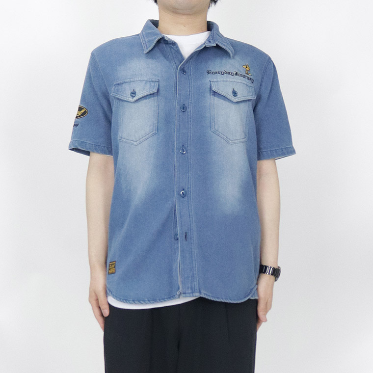【SNOOPYコラボ】モーター刺繍半袖デニムシャツ