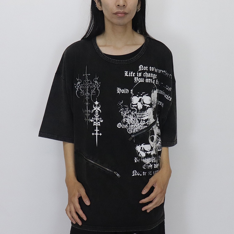 \数量限定30%OFF/【PSYCHONATION】ZIP付きスカルプリントBIGシルエットTシャツ