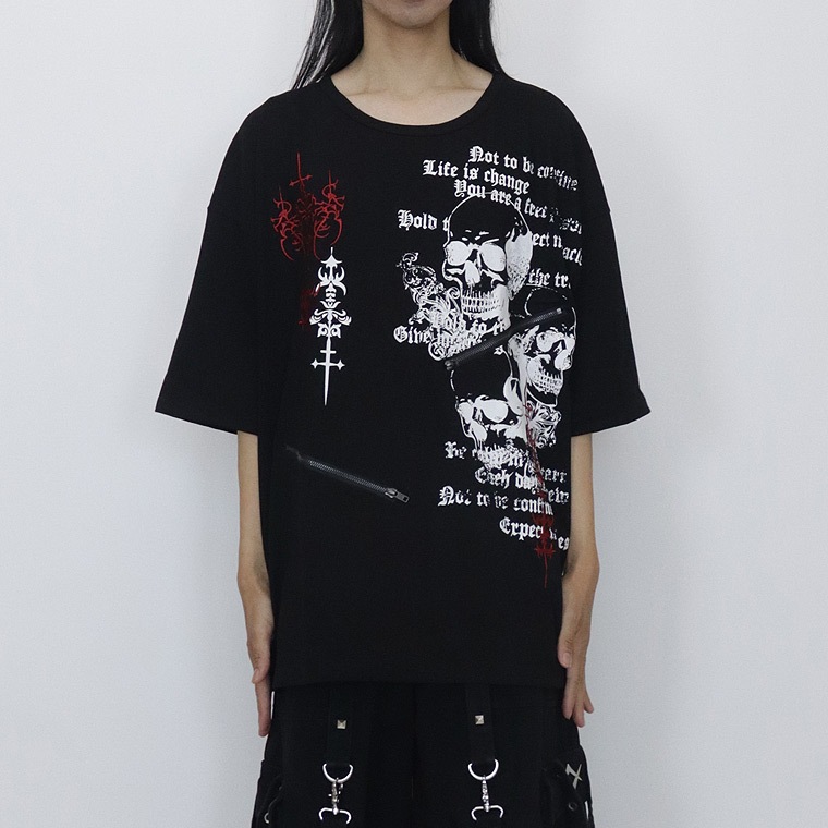 \数量限定30%OFF/【PSYCHONATION】ZIP付きスカルプリントBIGシルエットTシャツ