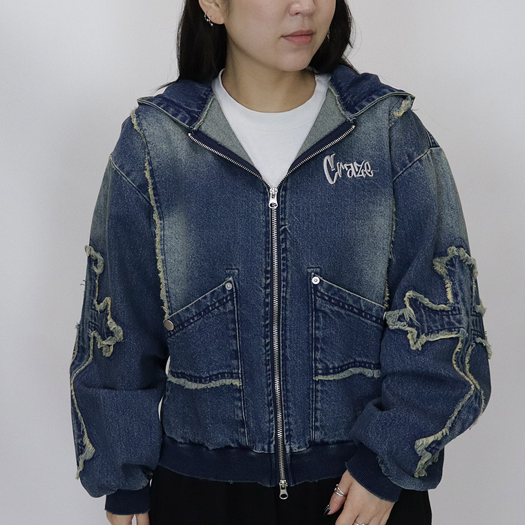 【RE730】クロスフリンジデニムZIPパーカー