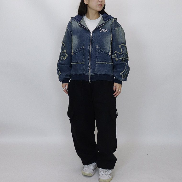 【RE730】クロスフリンジデニムZIPパーカー