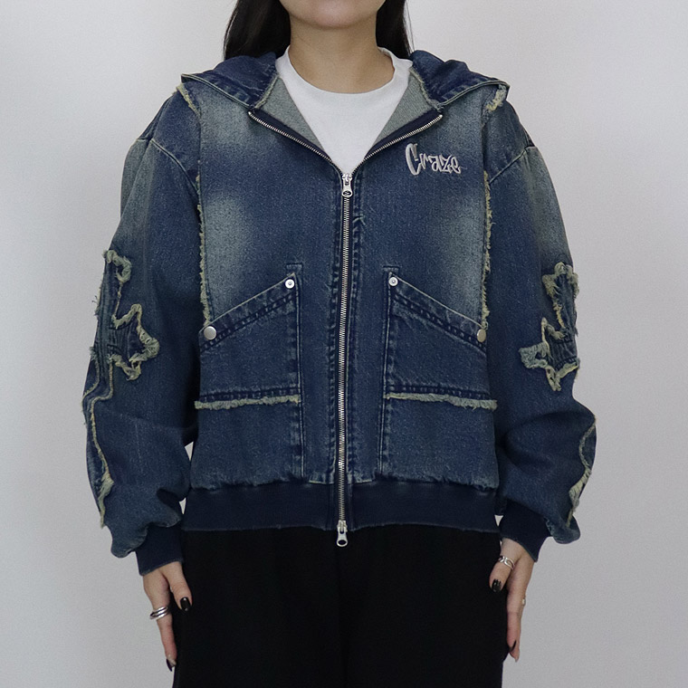 【RE730】クロスフリンジデニムZIPパーカー