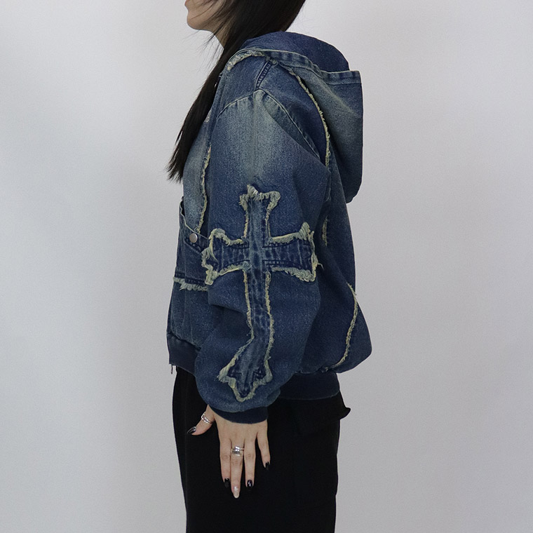 【RE730】クロスフリンジデニムZIPパーカー