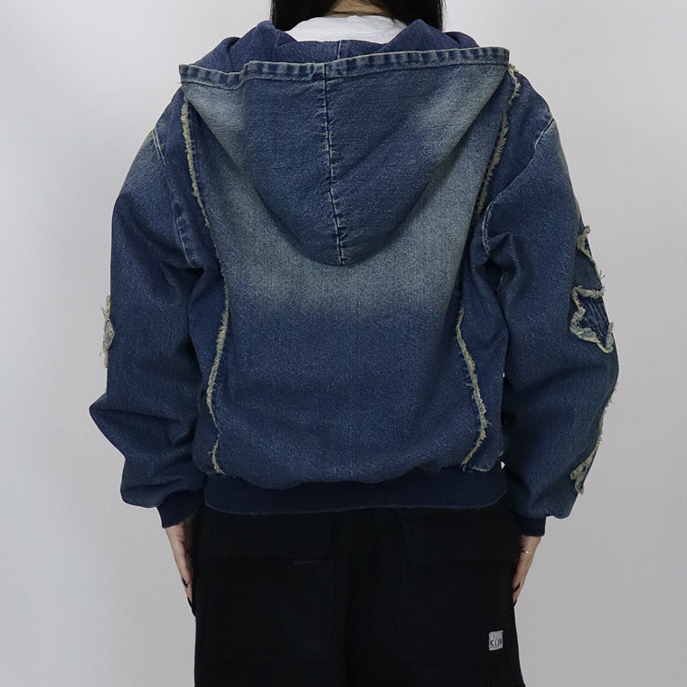 【RE730】クロスフリンジデニムZIPパーカー