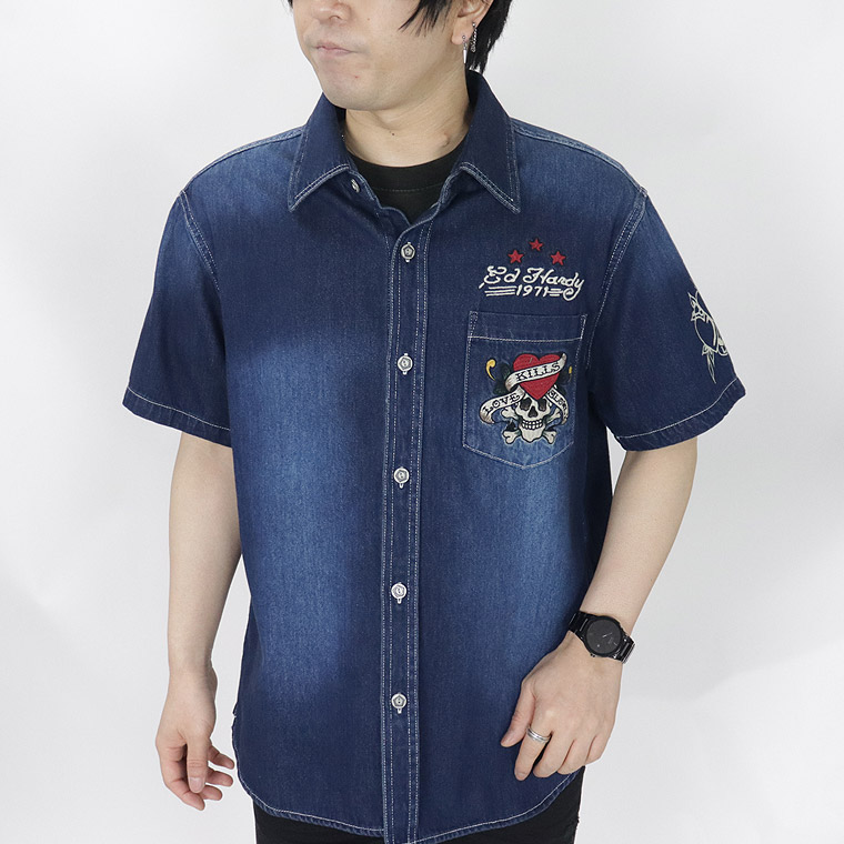 【Ed Hardy】半袖ツイルデニムシャツ