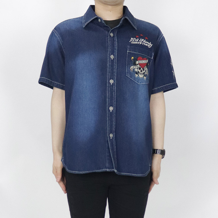 【Ed Hardy】半袖ツイルデニムシャツ