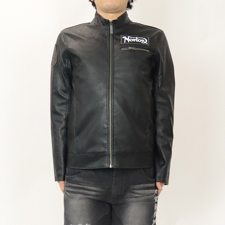 【NORTON】フェイクレザー パッチドシングルライダースジャケット