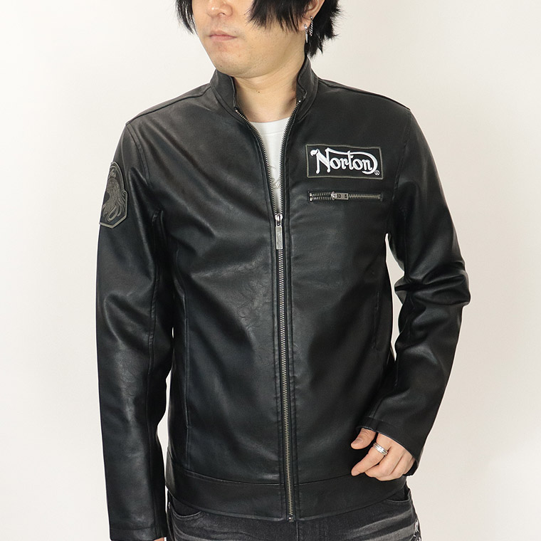 【NORTON】フェイクレザー パッチドシングルライダースジャケット