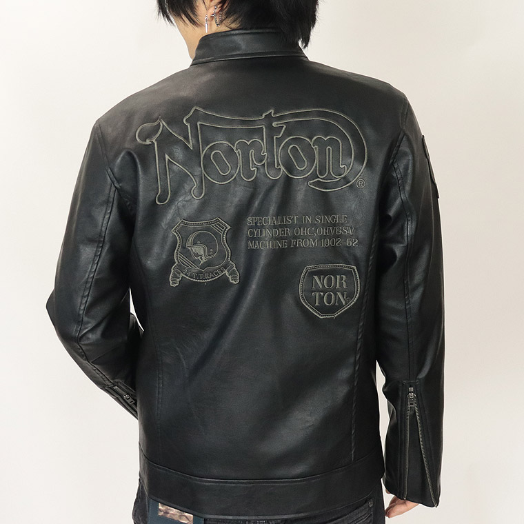 【NORTON】フェイクレザー パッチドシングルライダースジャケット