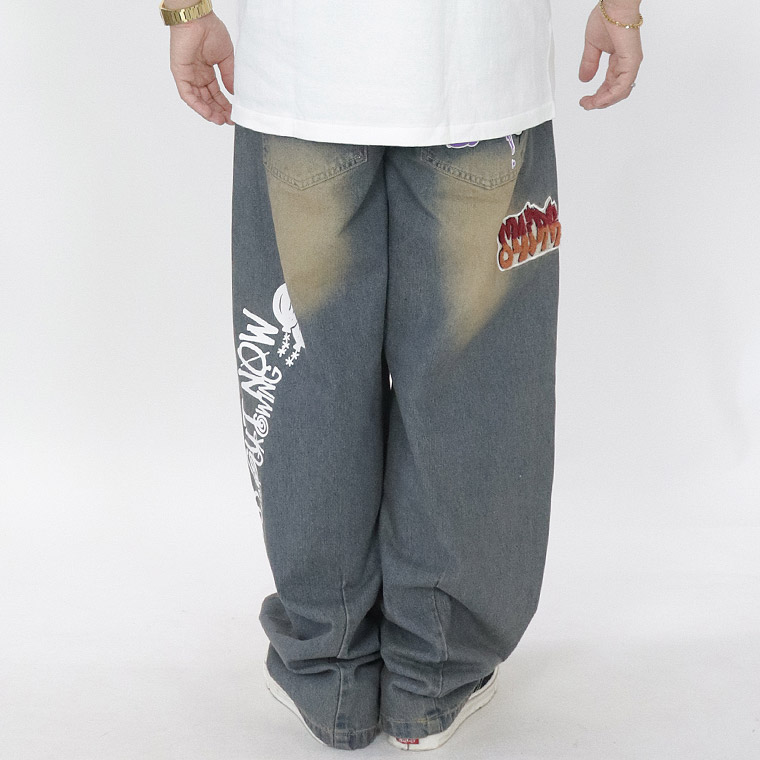 ワッペンデニムバレルレッグパンツ