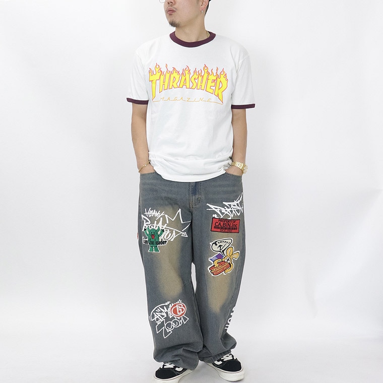 ワッペンデニムバレルレッグパンツ