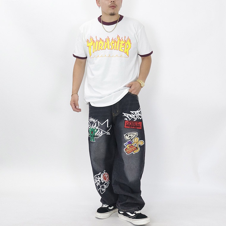 ワッペンデニムバレルレッグパンツ