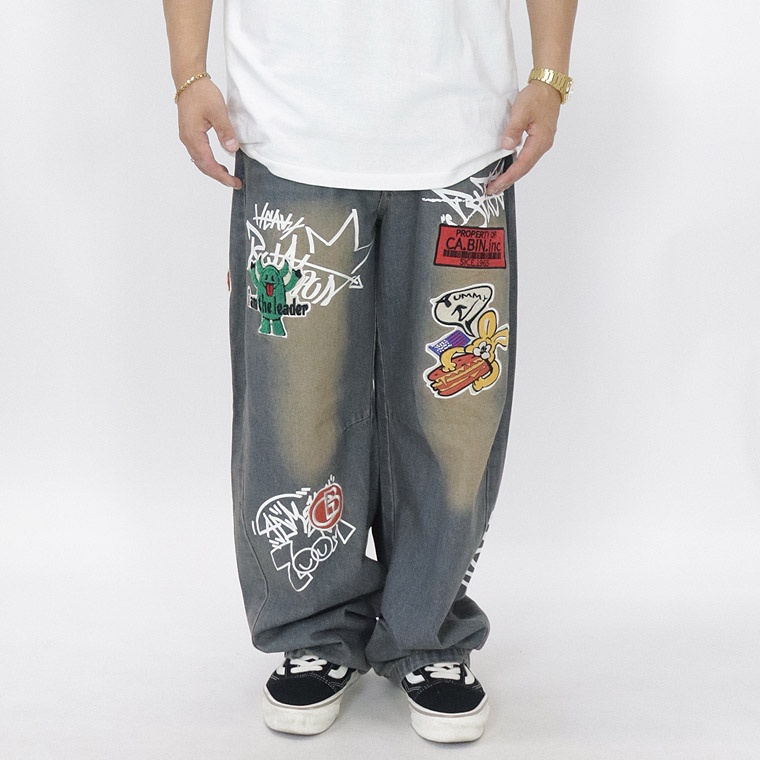 ワッペンデニムバレルレッグパンツ