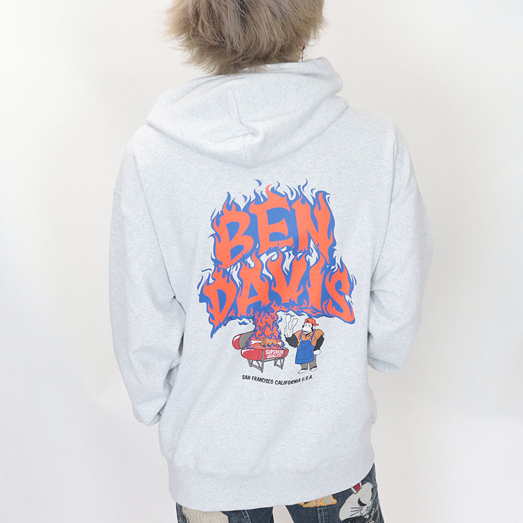 2024春物新作【BEN DAVIS(ベンデイビス)】刺繍プリント裏毛パーカー(ペアルック・アメカジ系)