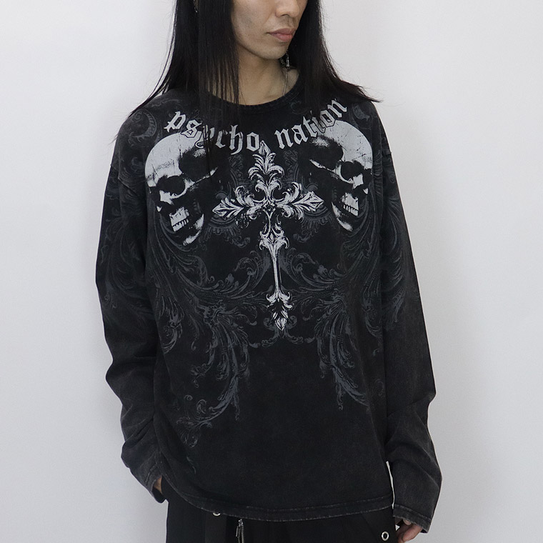 ＼数量限定２０％ＯＦＦ／【PSYCHONATION】スカルクロスプリントBIGシルエット長袖Tシャツ