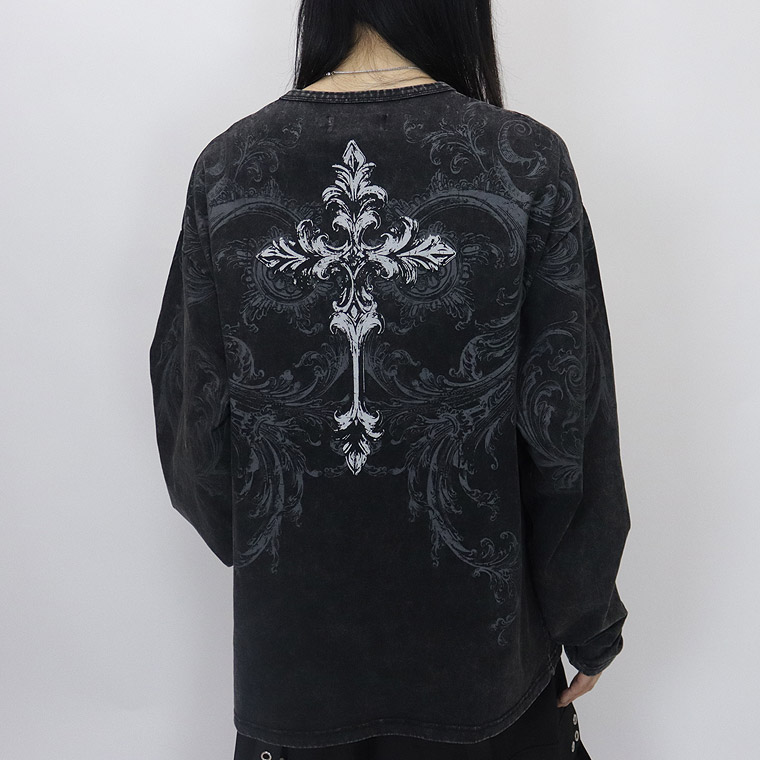 ＼数量限定２０％ＯＦＦ／【PSYCHONATION】スカルクロスプリントBIGシルエット長袖Tシャツ