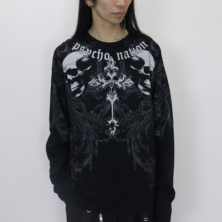 ＼数量限定２０％ＯＦＦ／【PSYCHONATION】スカルクロスプリントBIGシルエット長袖Tシャツ