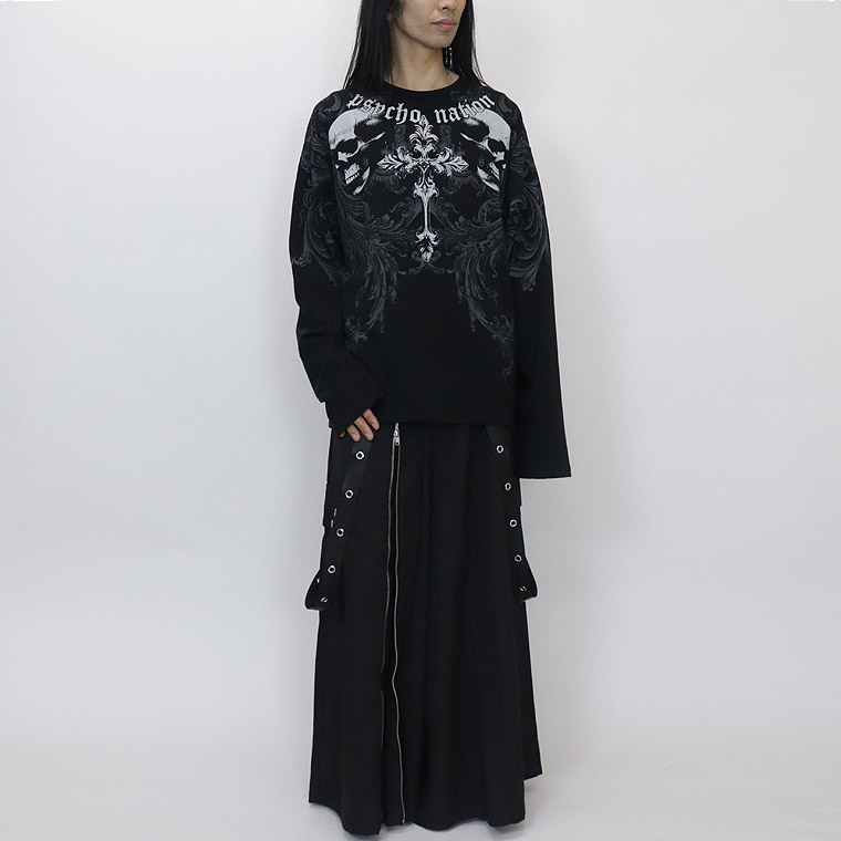＼数量限定２０％ＯＦＦ／【PSYCHONATION】スカルクロスプリントBIGシルエット長袖Tシャツ