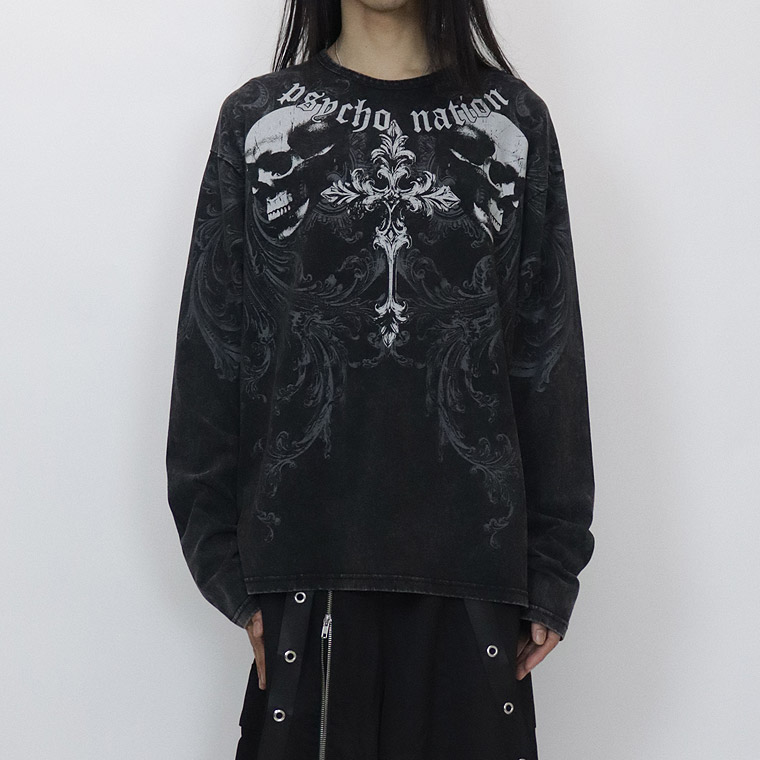 ＼数量限定２０％ＯＦＦ／【PSYCHONATION】スカルクロスプリントBIGシルエット長袖Tシャツ
