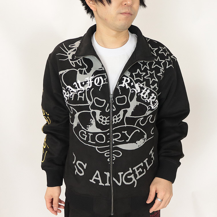 【Ed Hardy】刺繍プリント起毛プレーディングハイネックZIPジャケット
