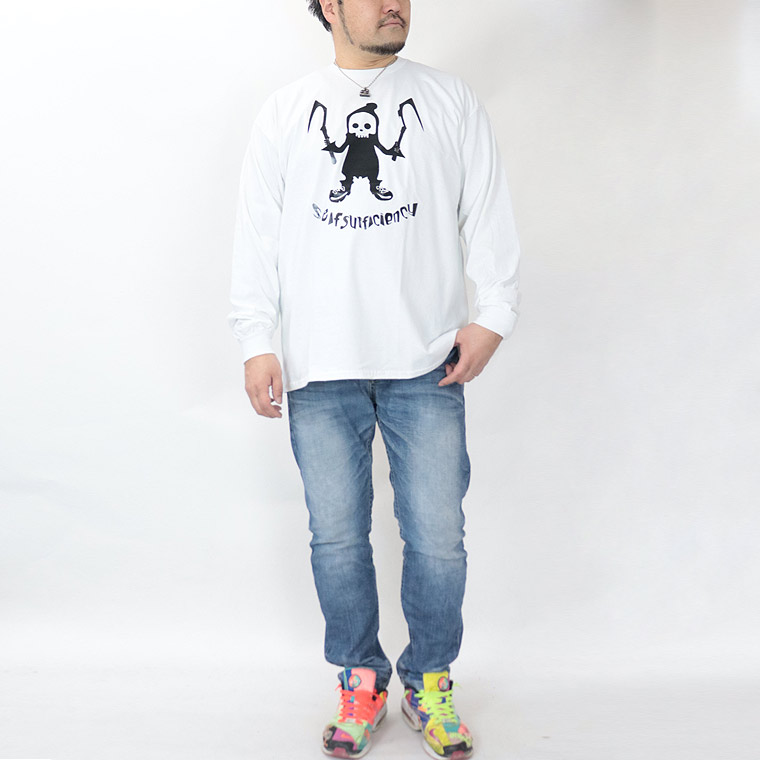 【大きいサイズ】鎌持ち髑髏イラスト長袖Tシャツ