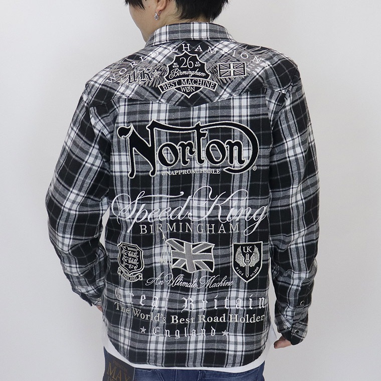 【NORTON】コーデュロイ使い長袖チェックシャツ