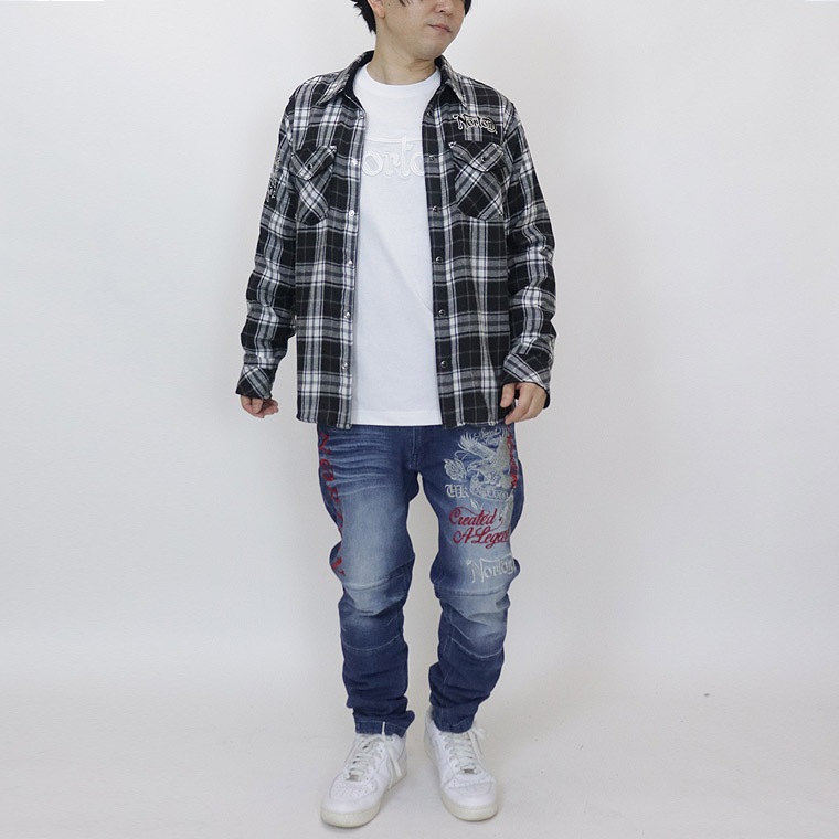 【NORTON】コーデュロイ使い長袖チェックシャツ