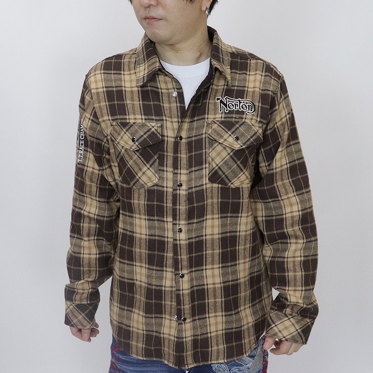 【NORTON】コーデュロイ使い長袖チェックシャツ