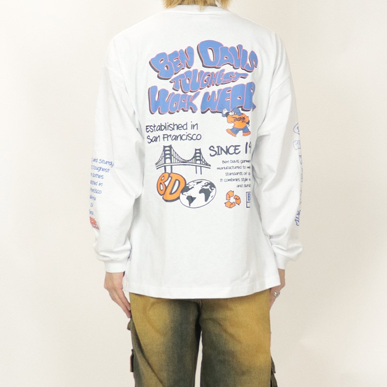 ラスワン売り尽くしセール45%OFF【BEN DAVISベンデイビス】左胸刺繍+袖＆背面プリント/長袖Ｔシャツ (ペアルック・アメカジ系)