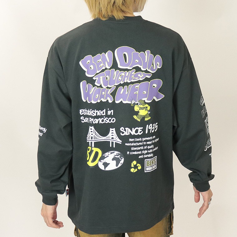 ラスワン売り尽くしセール45%OFF【BEN DAVISベンデイビス】左胸刺繍+袖＆背面プリント/長袖Ｔシャツ (ペアルック・アメカジ系)
