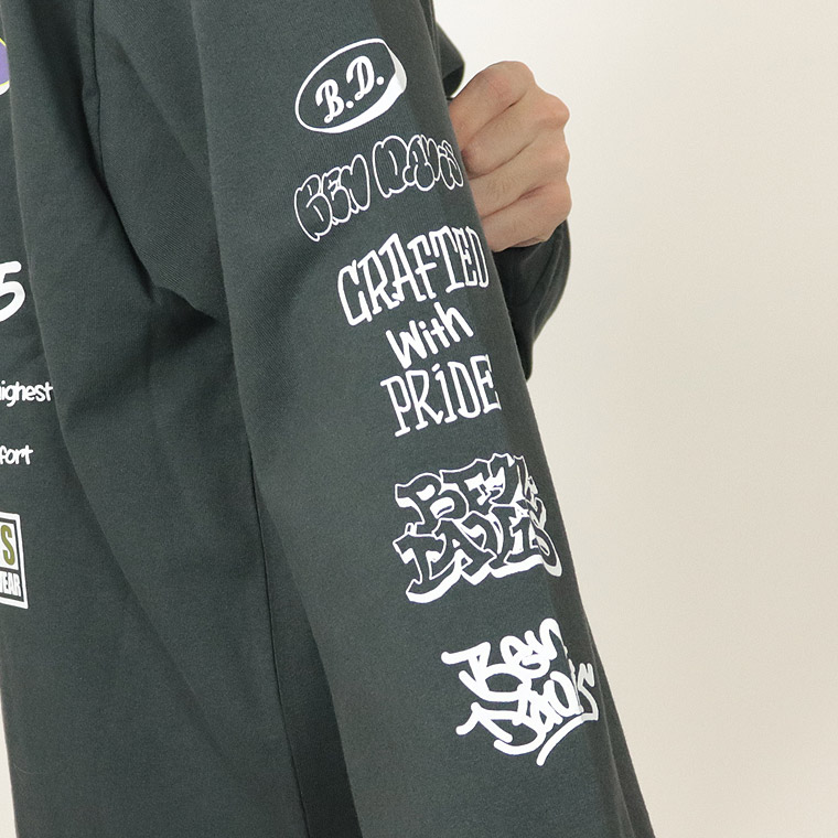 ラスワン売り尽くしセール45%OFF【BEN DAVISベンデイビス】左胸刺繍+袖＆背面プリント/長袖Ｔシャツ (ペアルック・アメカジ系)