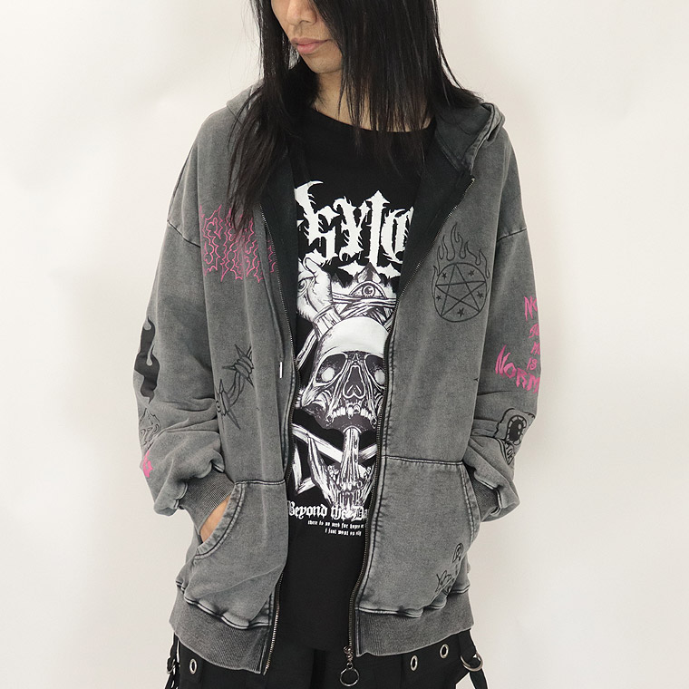 【PSYCHONATION】落書き総柄ケミカル加工BIGシルエットZIPパーカー