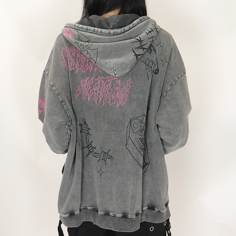 【PSYCHONATION】落書き総柄ケミカル加工BIGシルエットZIPパーカー