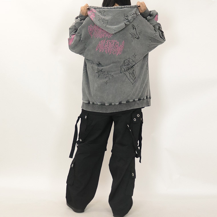 【PSYCHONATION】落書き総柄ケミカル加工BIGシルエットZIPパーカー