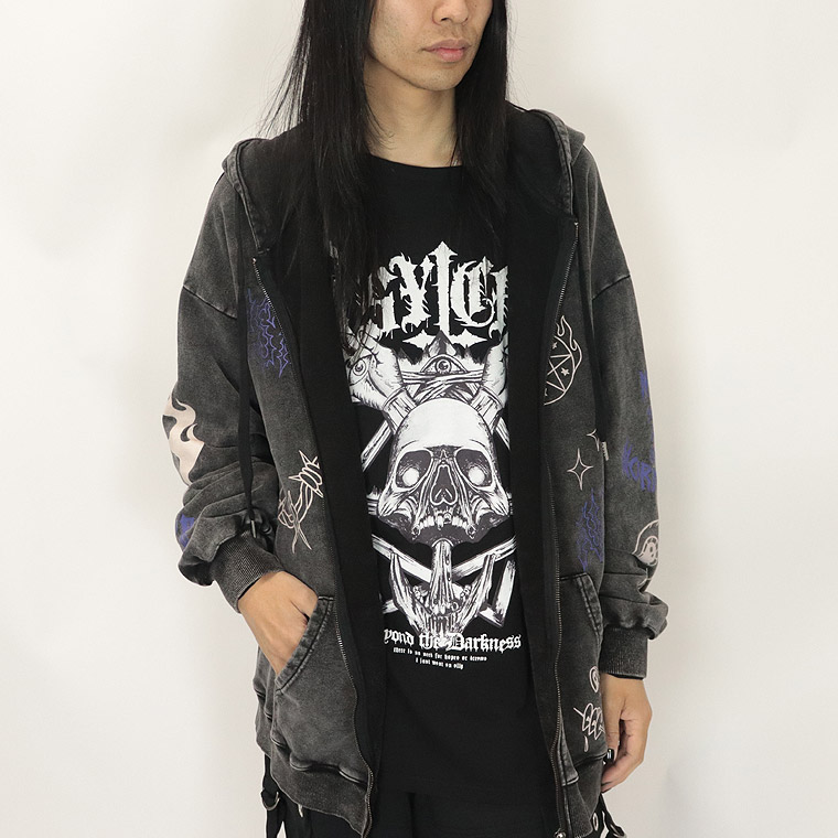 【PSYCHONATION】落書き総柄ケミカル加工BIGシルエットZIPパーカー