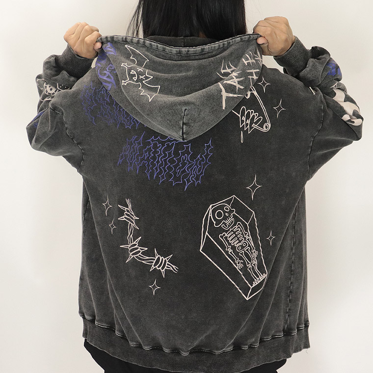 【PSYCHONATION】落書き総柄ケミカル加工BIGシルエットZIPパーカー