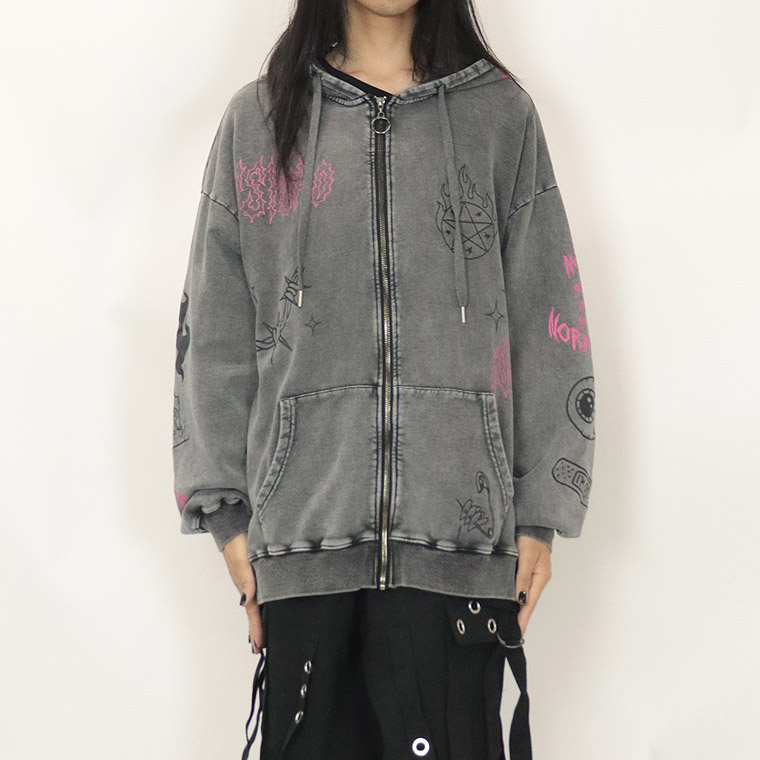【PSYCHONATION】落書き総柄ケミカル加工BIGシルエットZIPパーカー