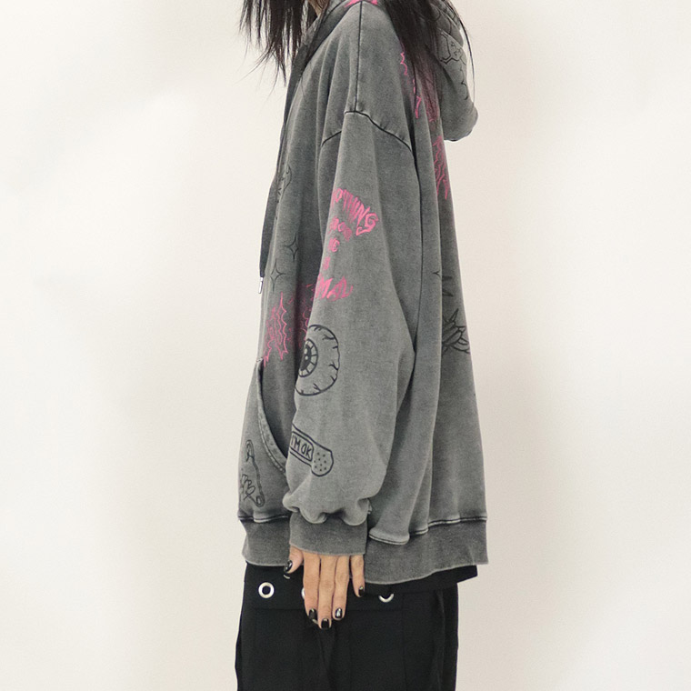 【PSYCHONATION】落書き総柄ケミカル加工BIGシルエットZIPパーカー