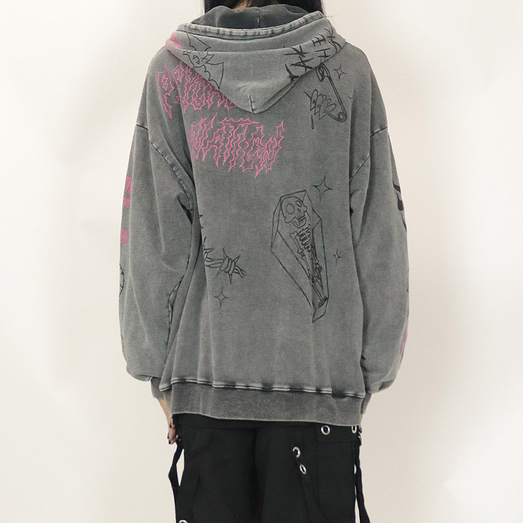 【PSYCHONATION】落書き総柄ケミカル加工BIGシルエットZIPパーカー